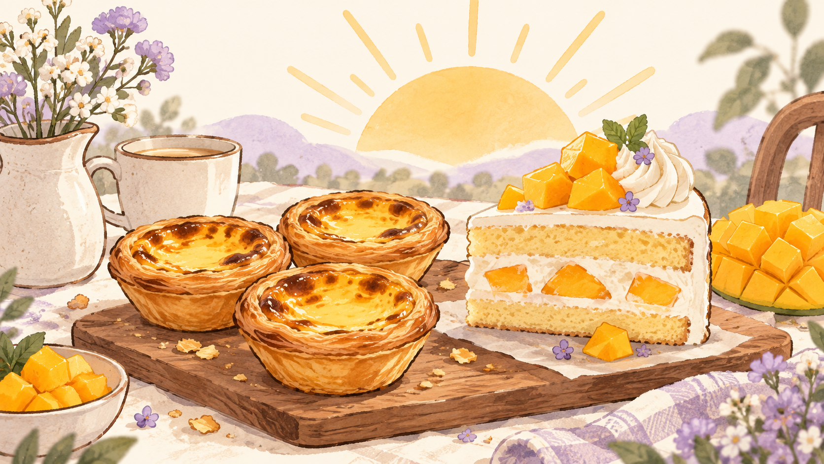 Warm illustration of egg tarts and mango cake with a rising sun