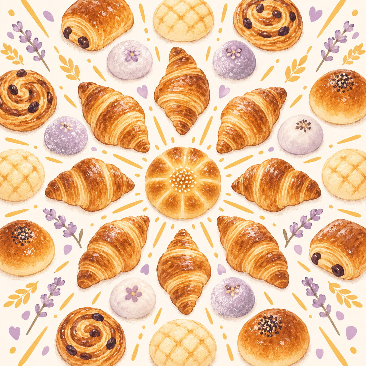 Overhead illustration of croissants, buns and mochi in sunrise rays